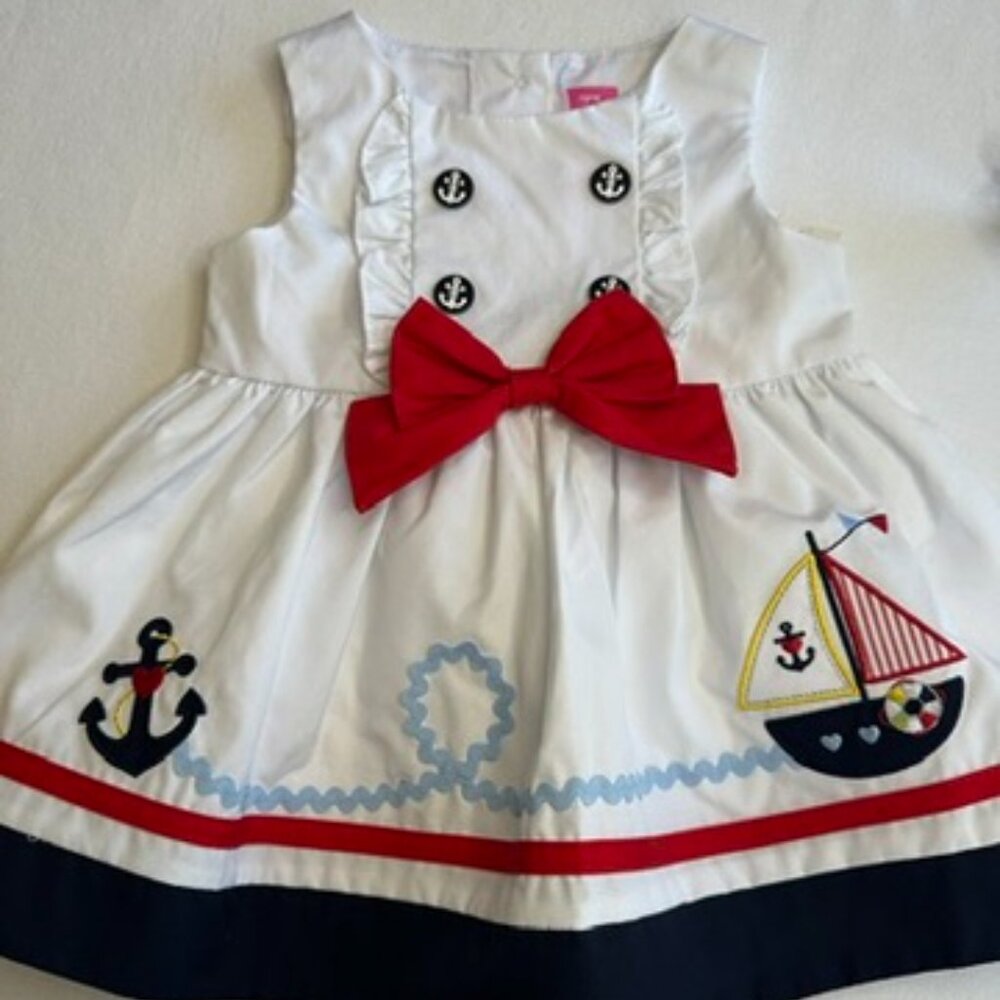 Girls White Poplin Nautical Sailor Dress Size 9 months Red, White, and Blue NWT